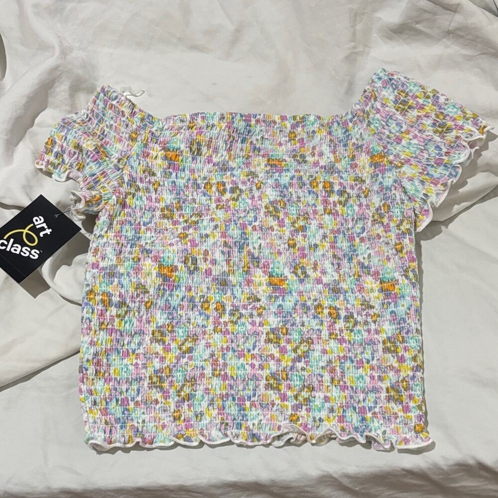 Art Class M 7/8 Colorful Smocked Off-Shoulder floral blouse stretchy nwt